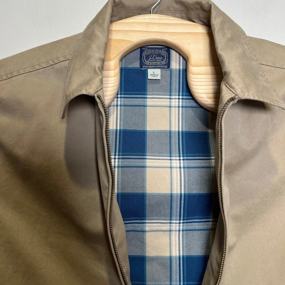 J.Crew Harrington Jacket Men L Tan Full Zip Plaid Lined Cotton Twill Utility EUC